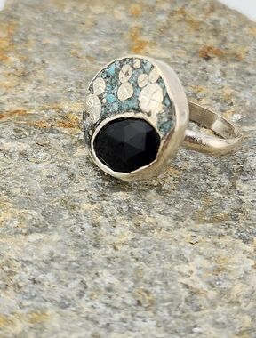 ONYX & INLAY TURQUOISE  MOON RING HANDCRAFTED RECYCLED STERLING SILVER 8.3/4